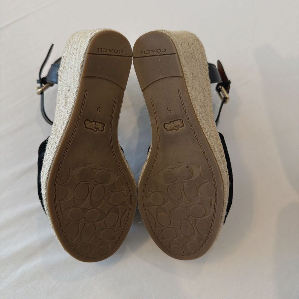 COACH Womens Sz 5 Espadrilles Katey Wedge Sandals Black Suede Peep Toe Resort - Picture 10 of 14